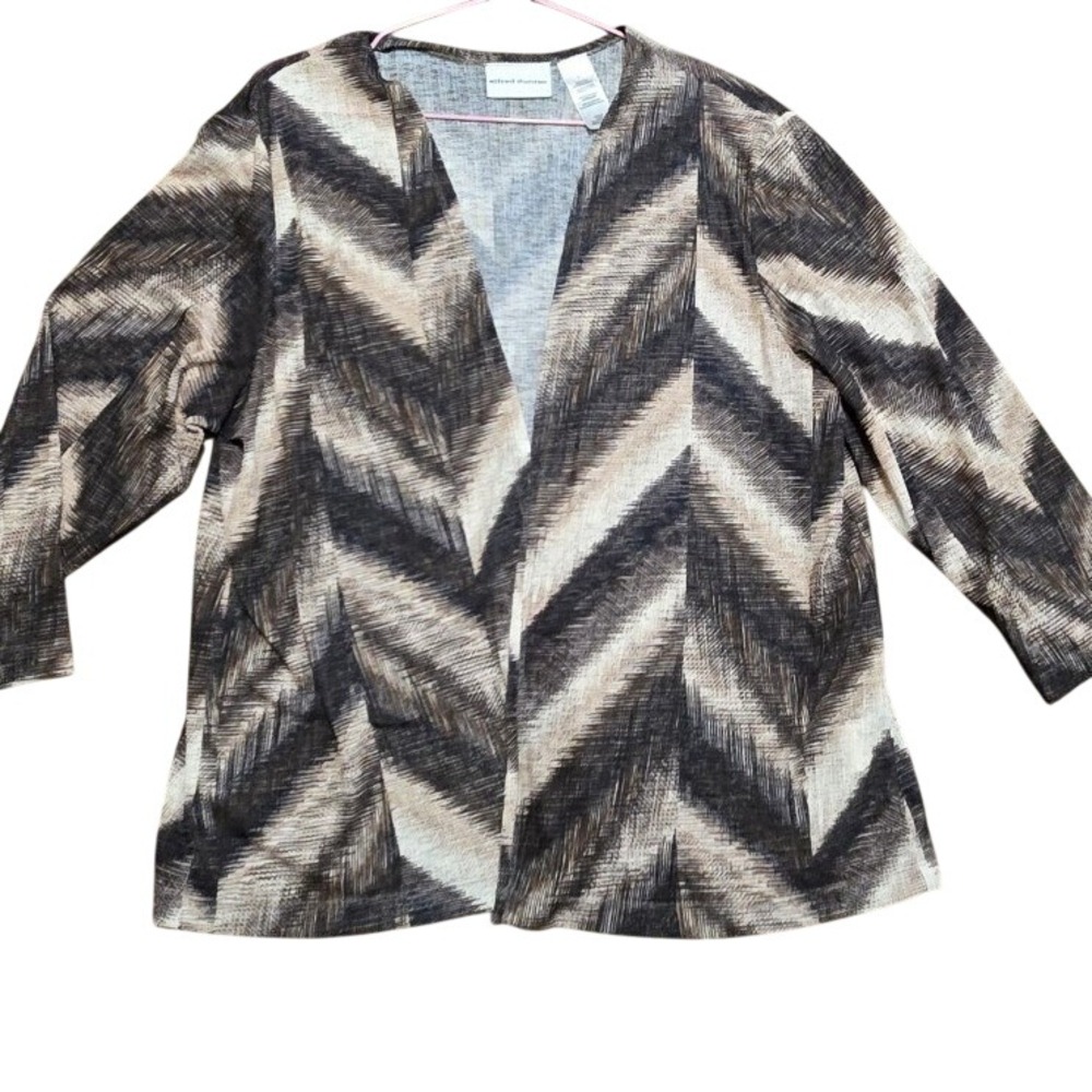 Alfred Dunner Open Front Cardigan Geometric Print Brown Beige Long Sleeve